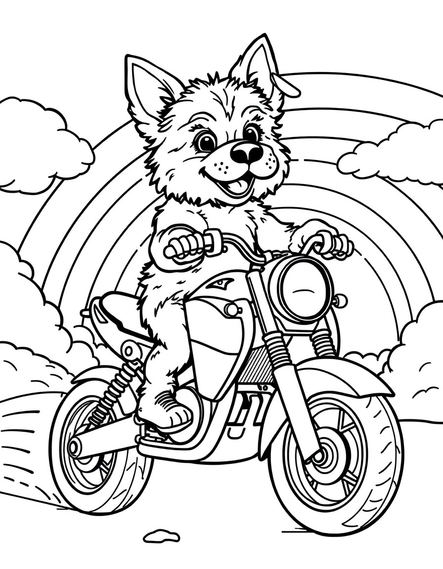 cute doggy riding a motor bike over a rainbow