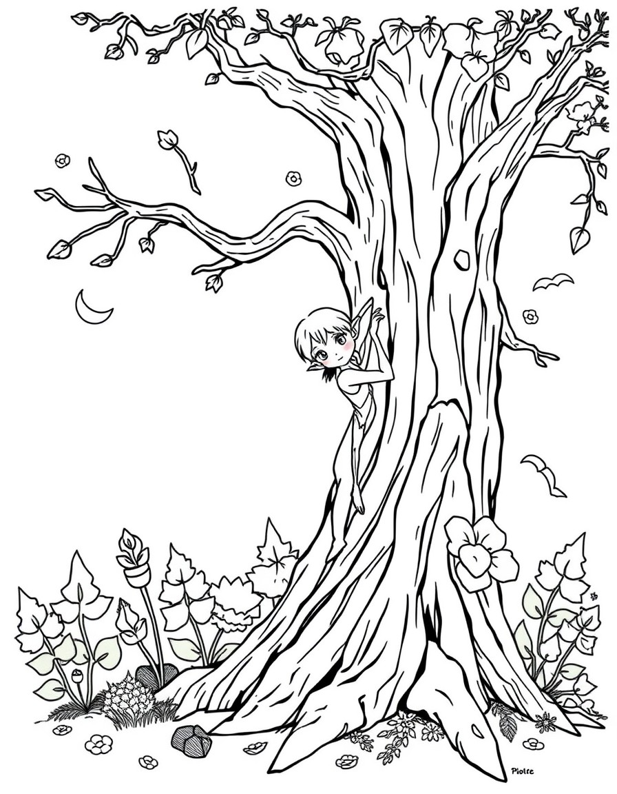 In kerby rosanes style make fairy tree elf in an enchanted forest in a fairy world