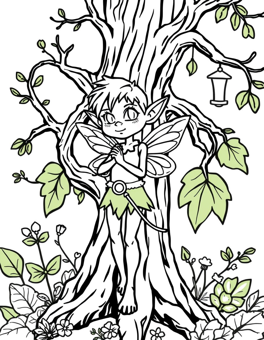 In kerby rosanes style make fairy tree elf in an enchanted forest in a fairy world