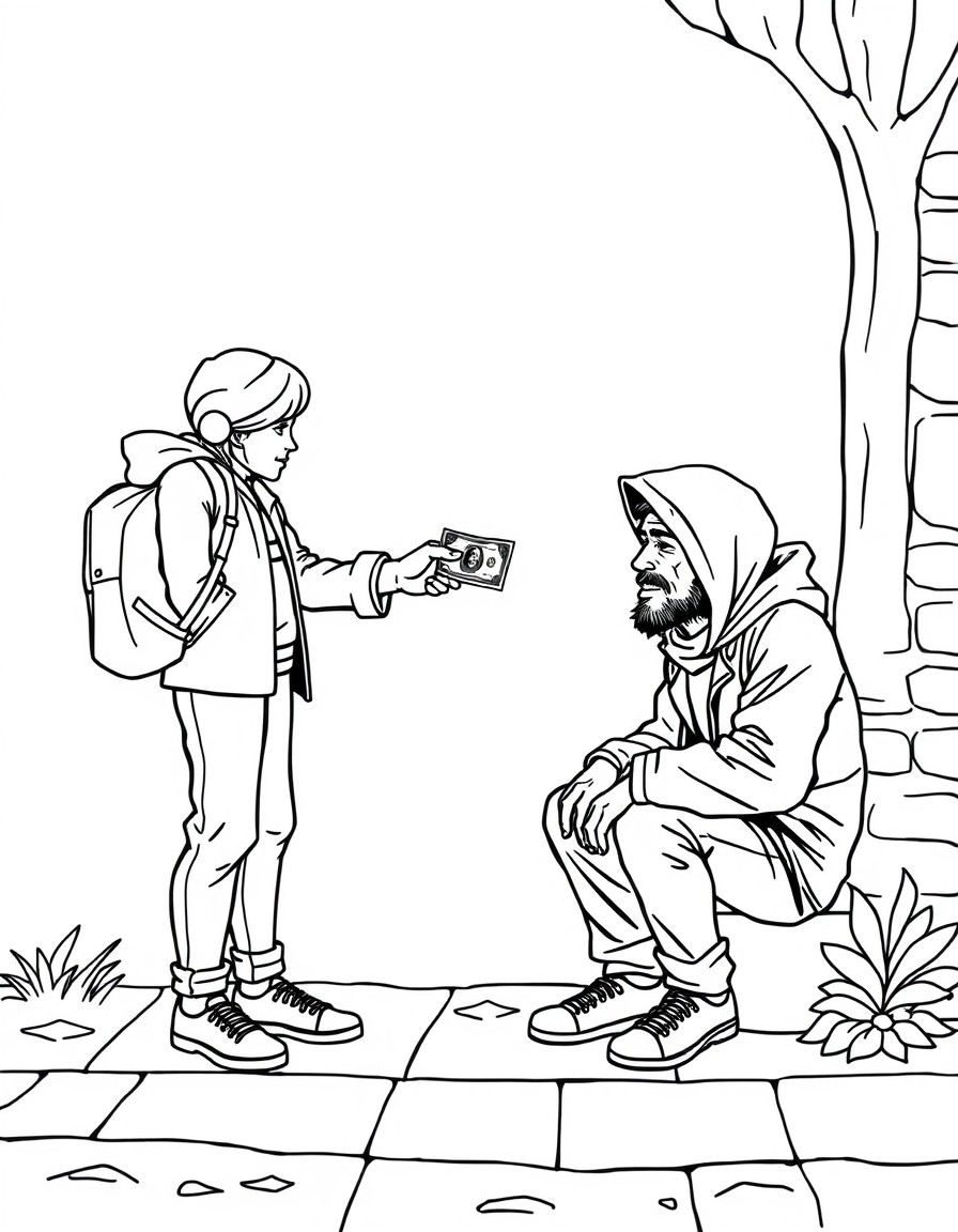 A nice person giving away their last dollar to a hungry homeless person sitting on the sidewalk