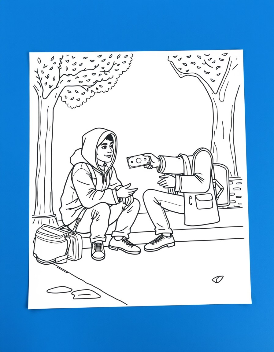 A nice person giving away their last dollar to a hungry homeless person sitting on the sidewalk