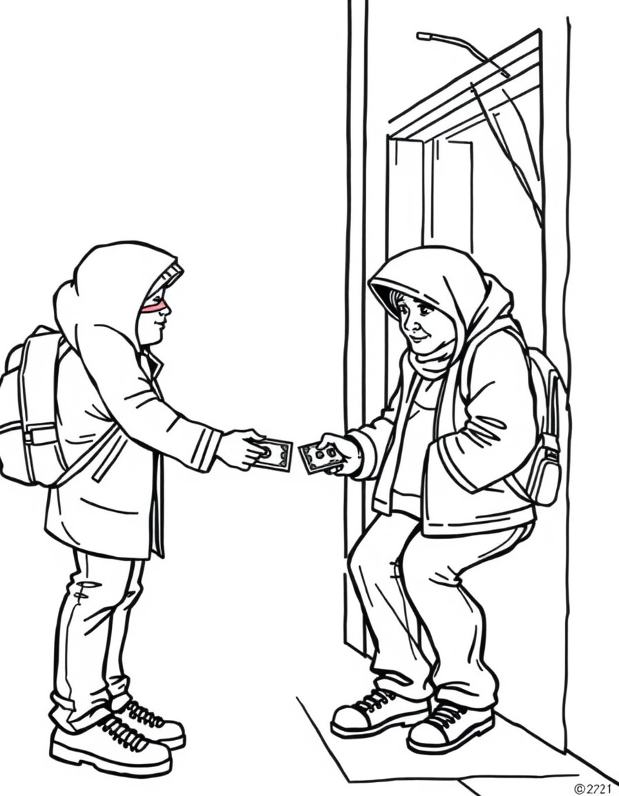 A nice person giving away their last dollar to a hungry homeless person sitting on the sidewalk