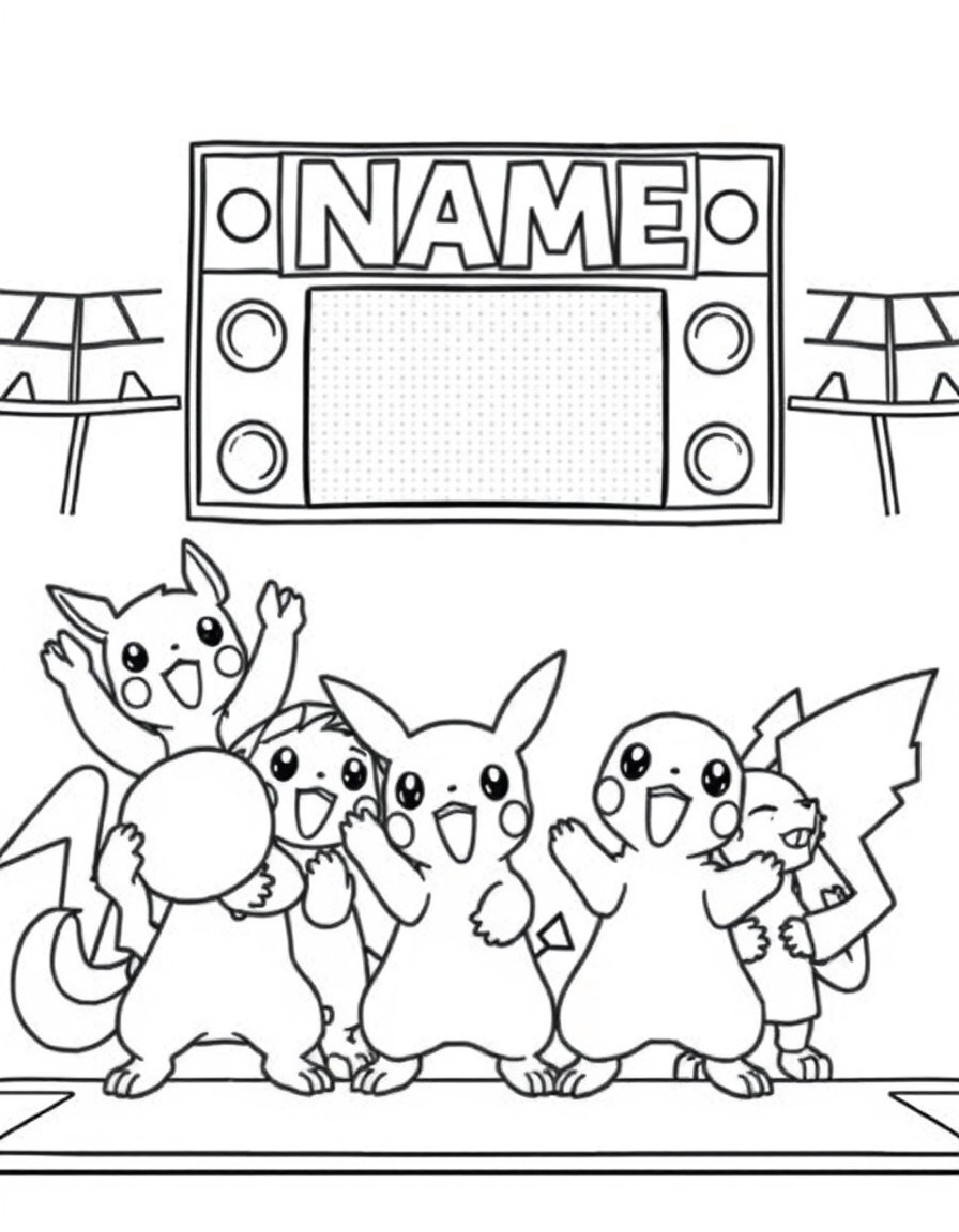 A group of Pokemon cheering by a scoreboard that highlights 'NAME'