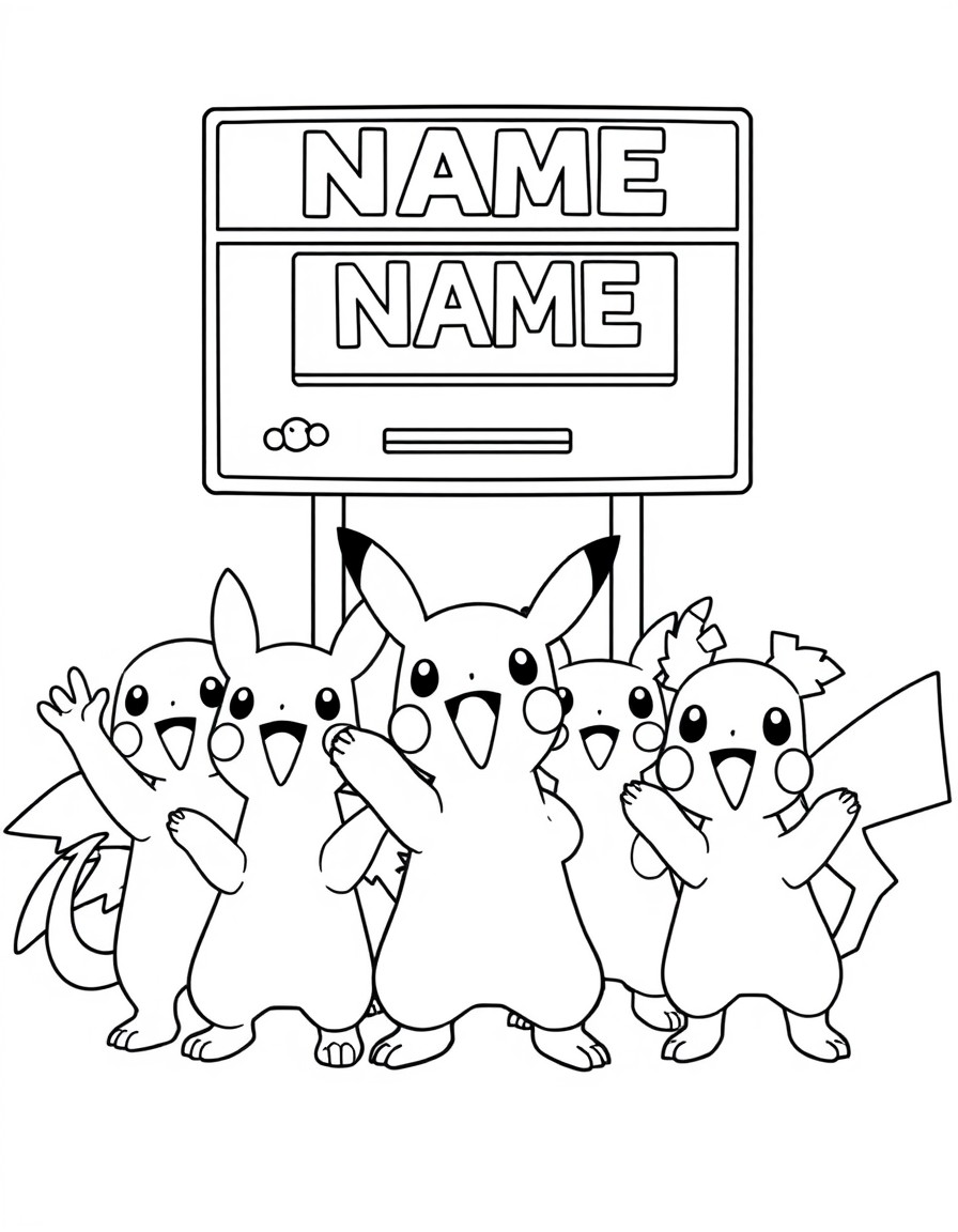 A group of Pokemon cheering by a scoreboard that highlights 'NAME'