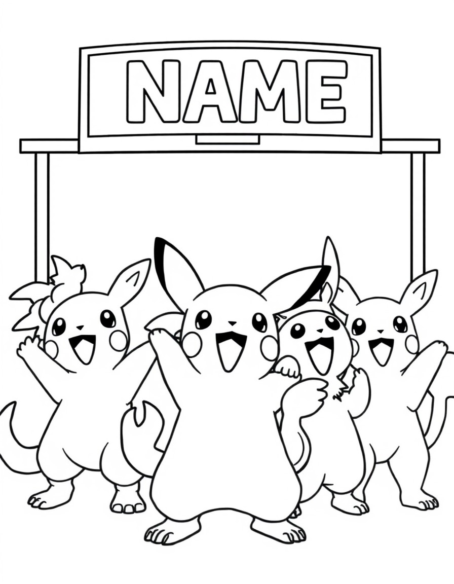 A group of Pokemon cheering by a scoreboard that highlights 'NAME'