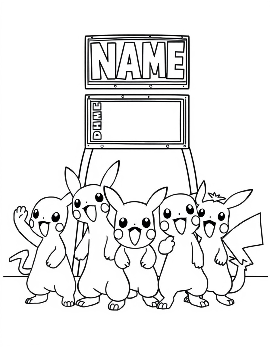 A group of Pokemon cheering by a scoreboard that highlights 'NAME'