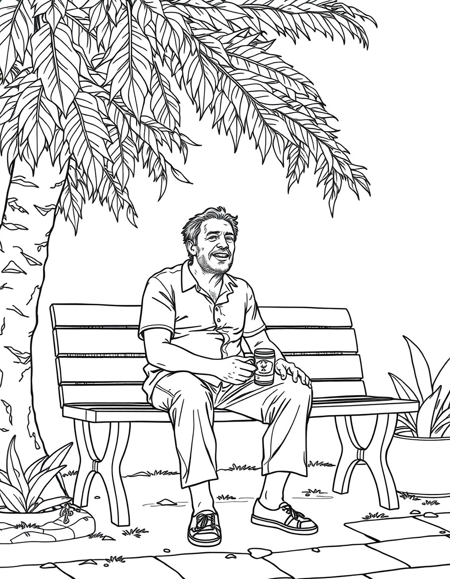 A picture of my dad on a bench in Mexico, throwing up because he drank the water