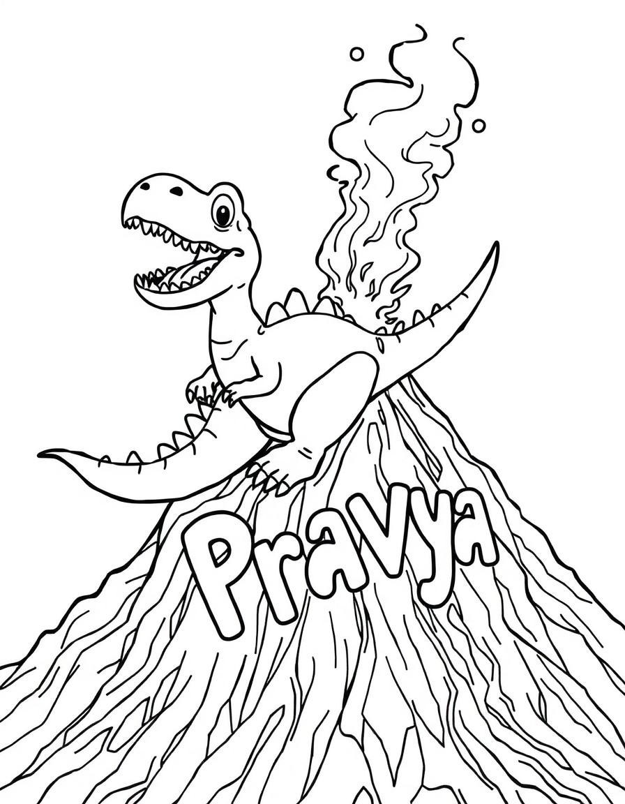 A friendly dinosaur sliding down a volcano and spelling 'Pravya' in the steaming lava flow
