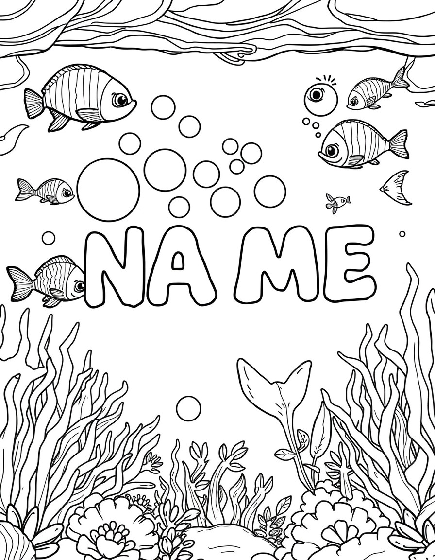 A mermaid lagoon where fish are blowing bubbles that align into 'NAME'