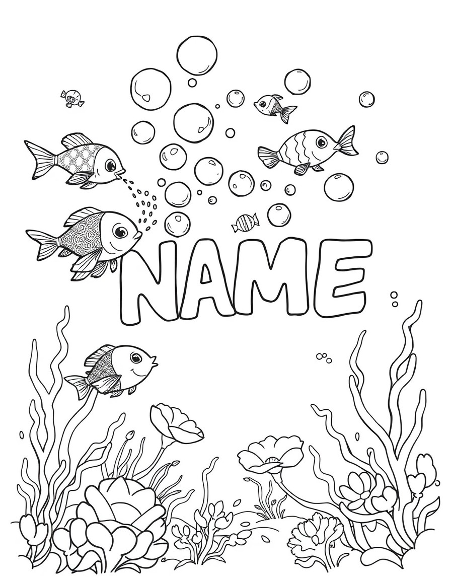 A mermaid lagoon where fish are blowing bubbles that align into 'NAME'