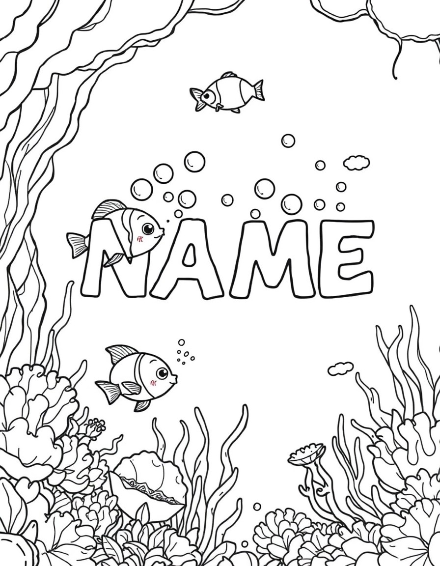 A mermaid lagoon where fish are blowing bubbles that align into 'NAME'