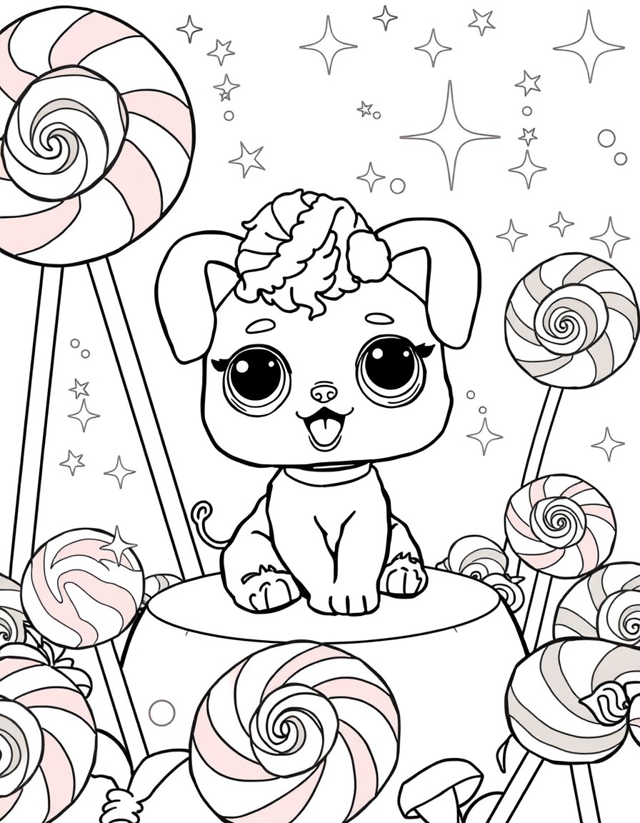 LOL Surprise pet enjoying a sparkly playground made of giant lollipops