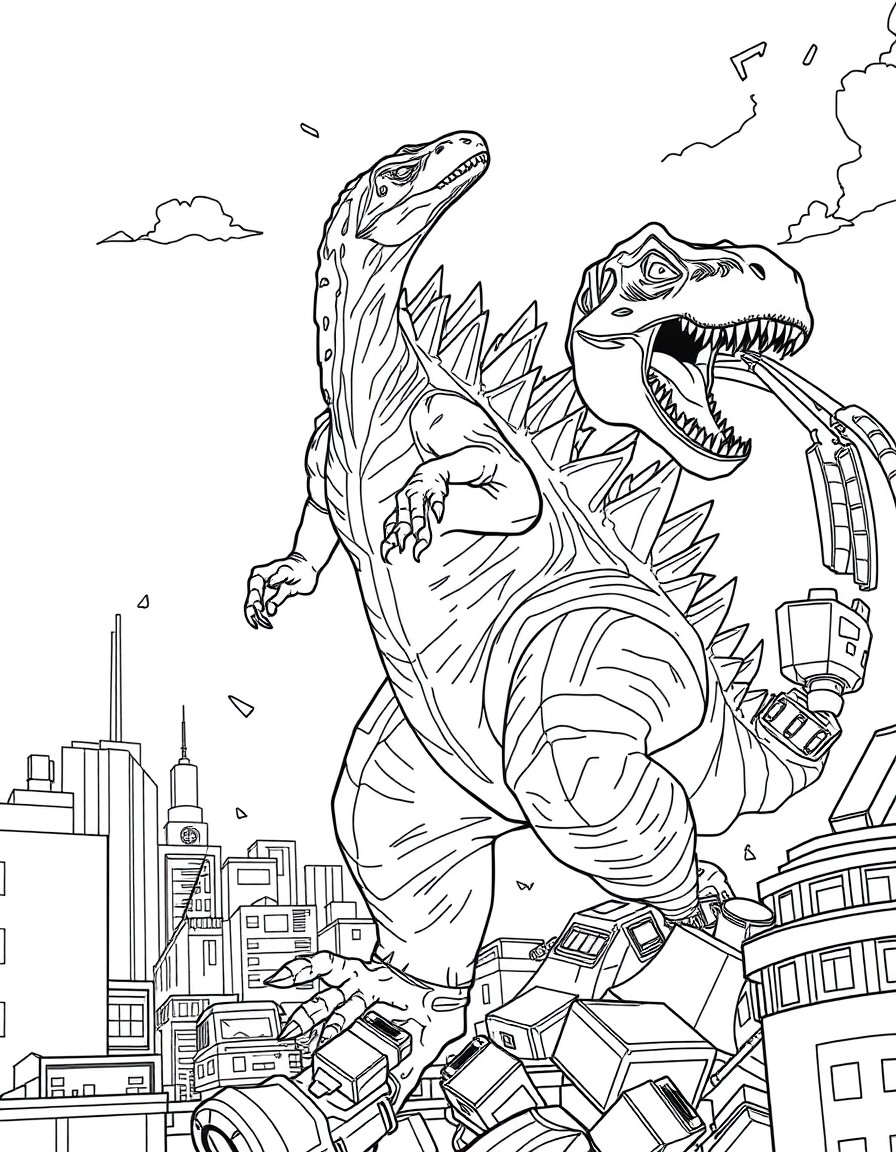 black-and-white line art coloring book illustration of Godzilla and a Tyrannosaurus Rex fighting in a destroyed modern city. Godzilla and the T. Rex are clearly separated and NOT merged two distinct