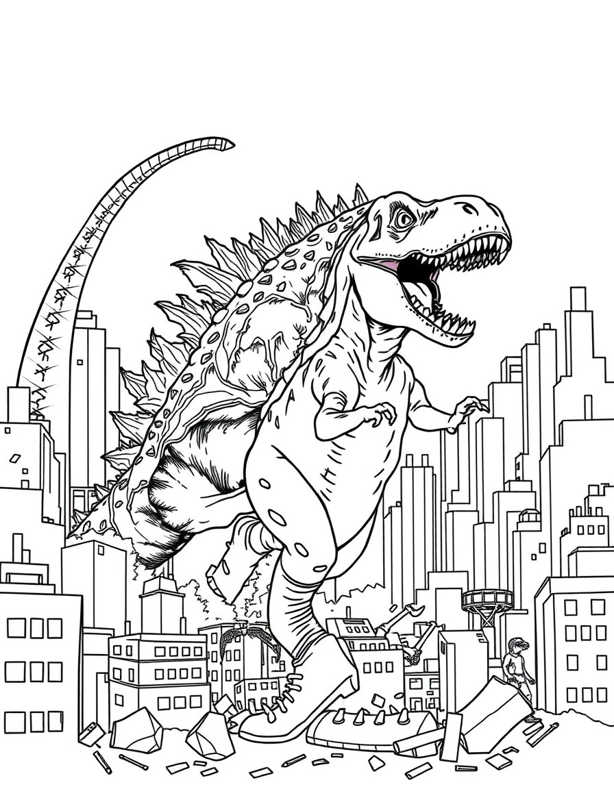 black-and-white line art coloring book illustration of Godzilla and a Tyrannosaurus Rex fighting in a destroyed modern city. Godzilla and the T. Rex are clearly separated and NOT merged two distinct