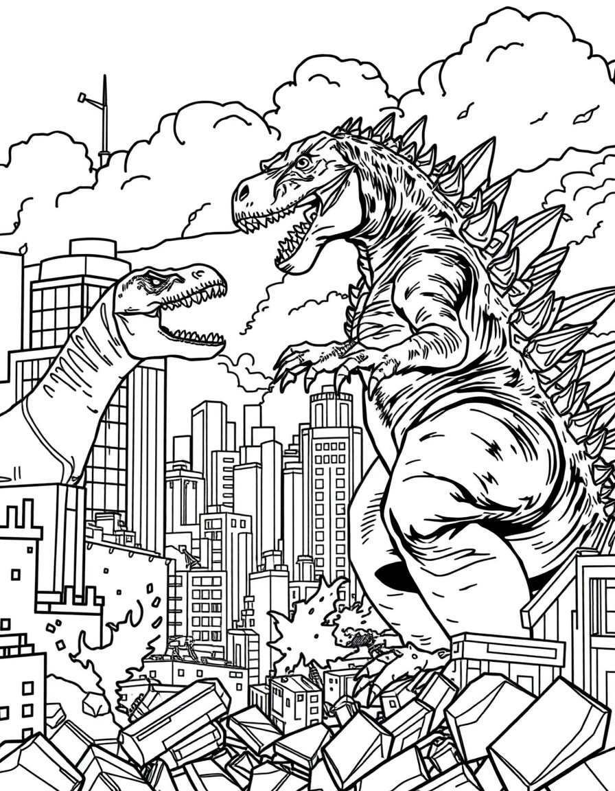 black-and-white line art coloring book illustration of Godzilla and a Tyrannosaurus Rex fighting in a destroyed modern city. Godzilla and the T. Rex are clearly separated and NOT merged two distinct