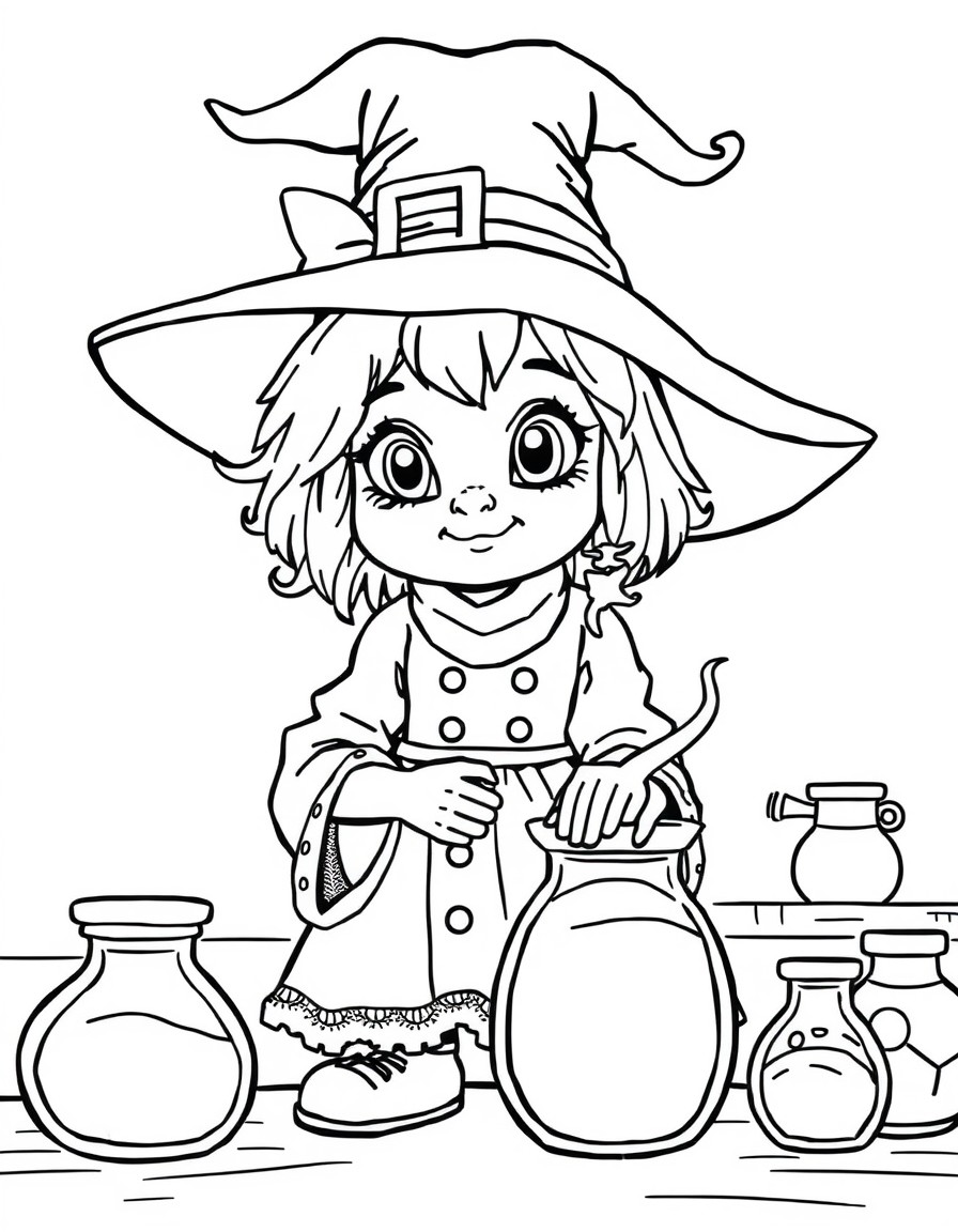 A cute witch girl learning to make potions in class. Bold and sharp coloring page