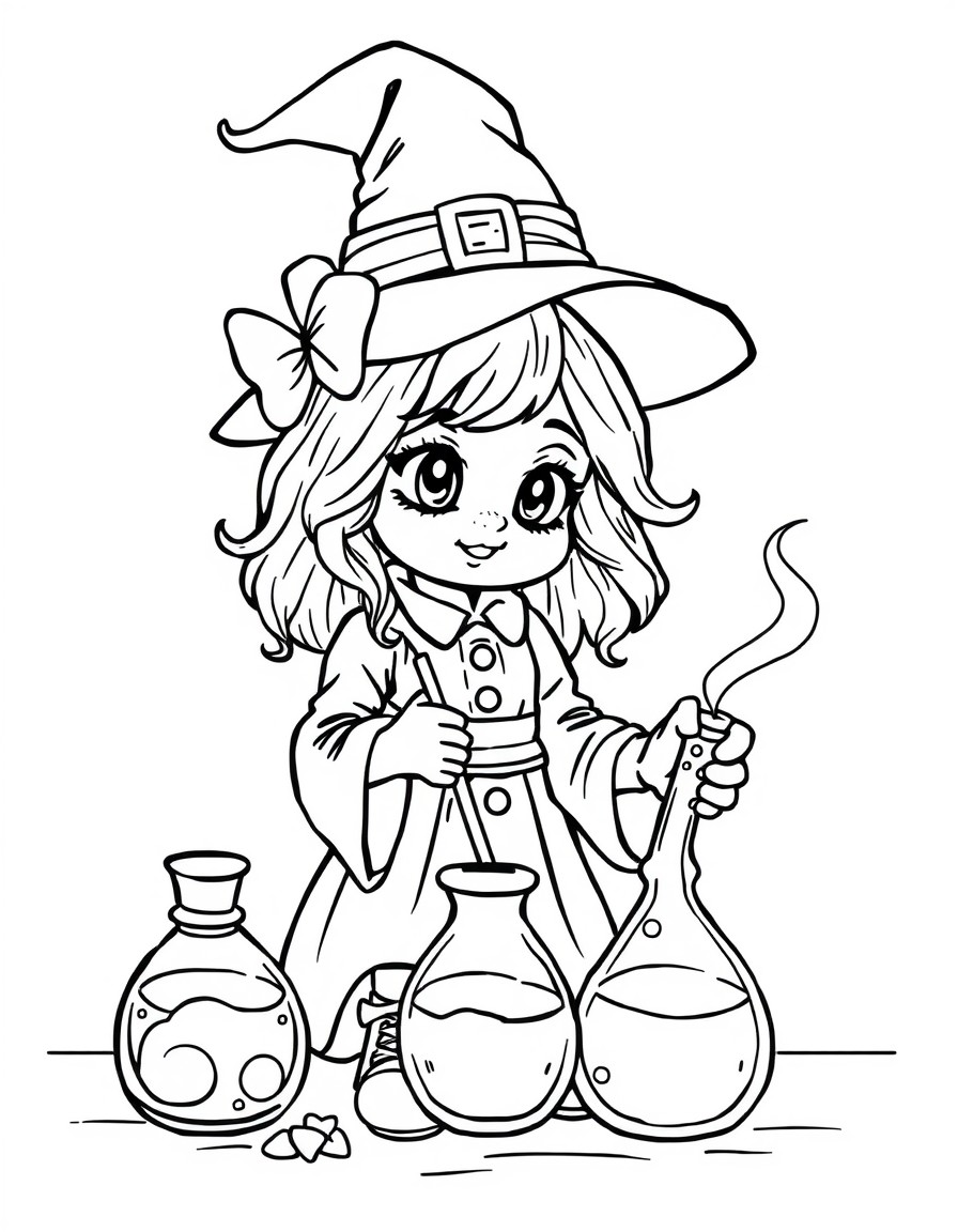 A cute witch girl learning to make potions in class. Bold and sharp coloring page