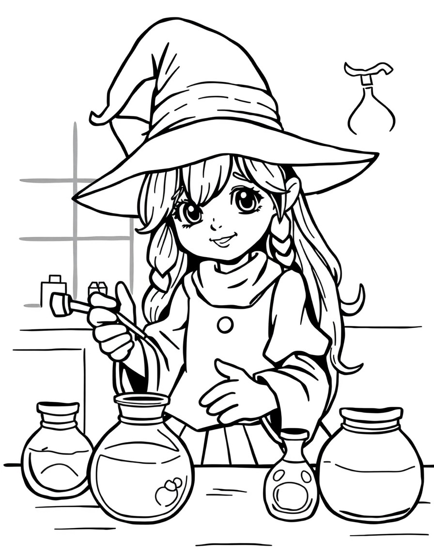 A cute witch girl learning to make potions in class. Bold and sharp coloring page