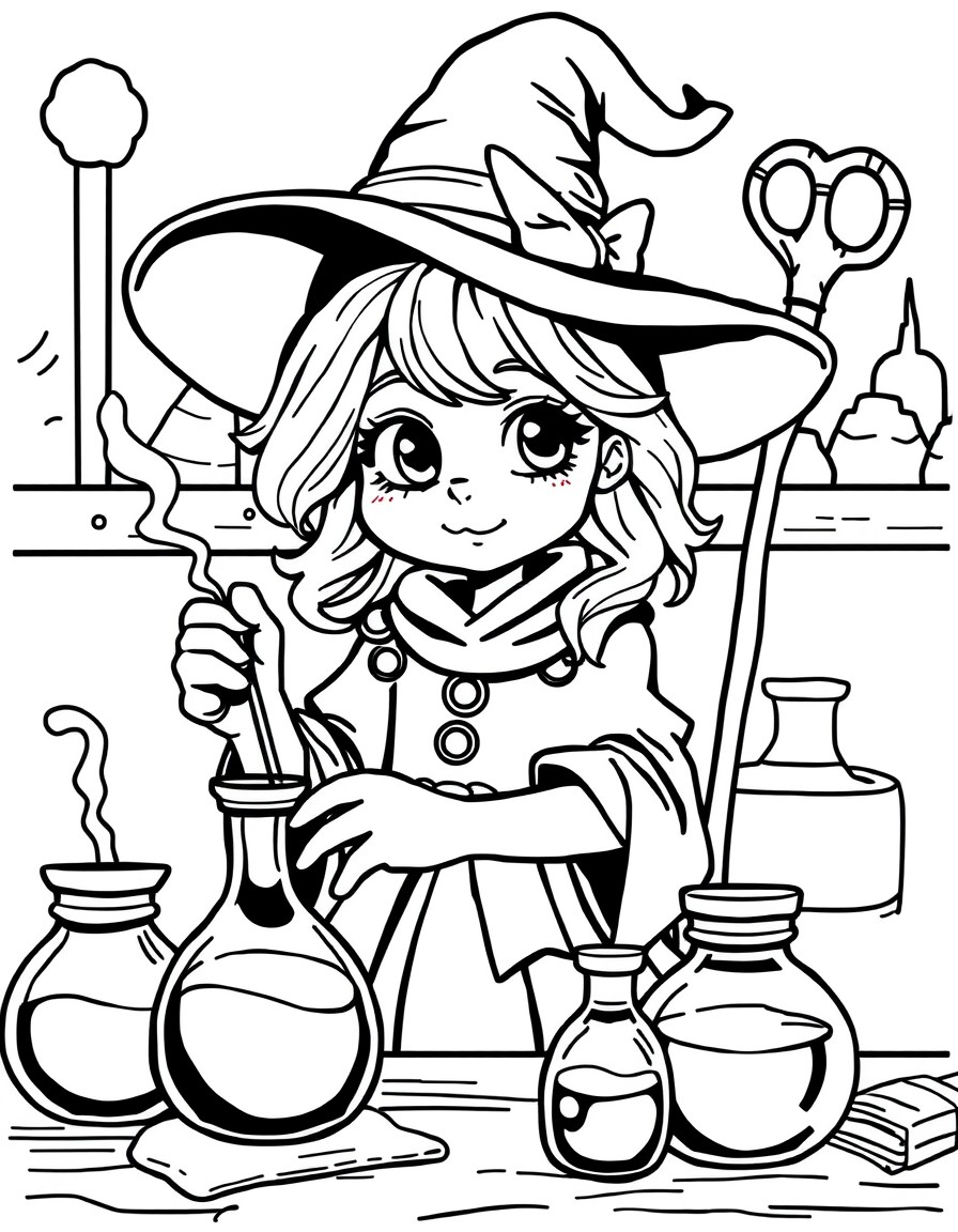 A cute witch girl learning to make potions in class. Bold and sharp coloring page