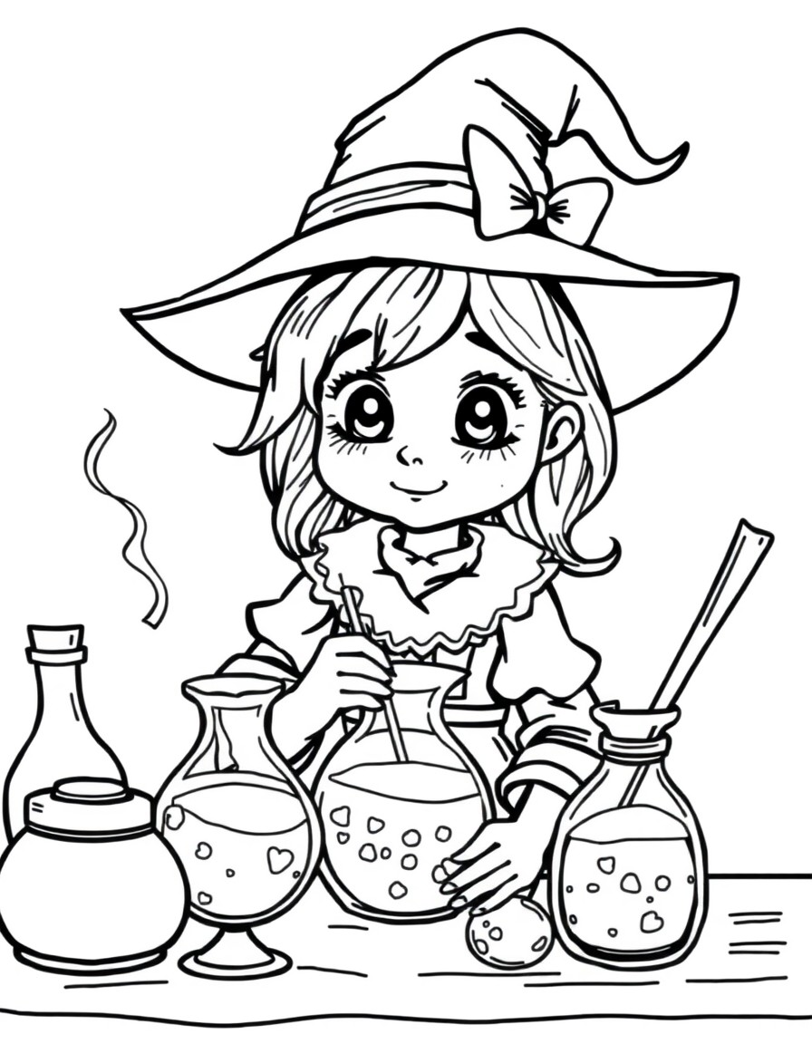 A cute witch girl learning to make potions in class.  Bold and sharp coloring page