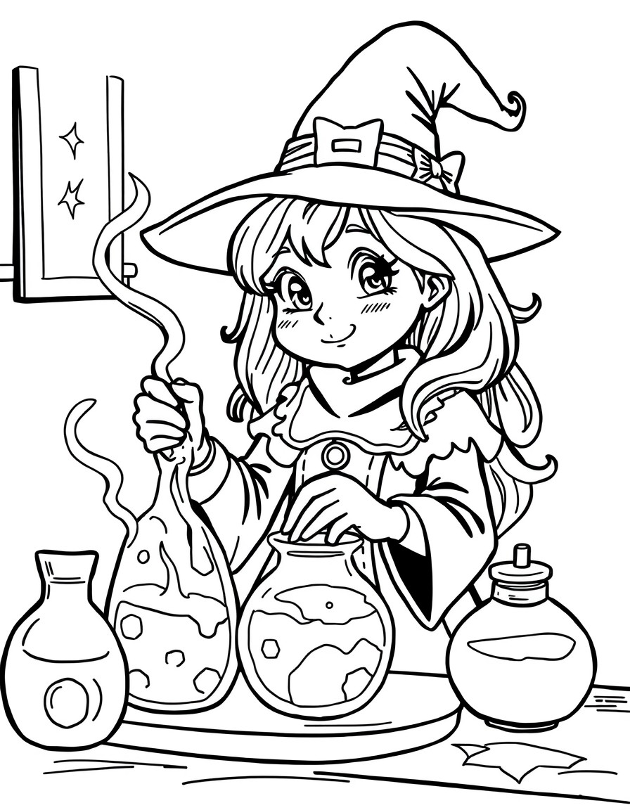 A cute witch girl learning to make potions in class.  Bold and sharp coloring page