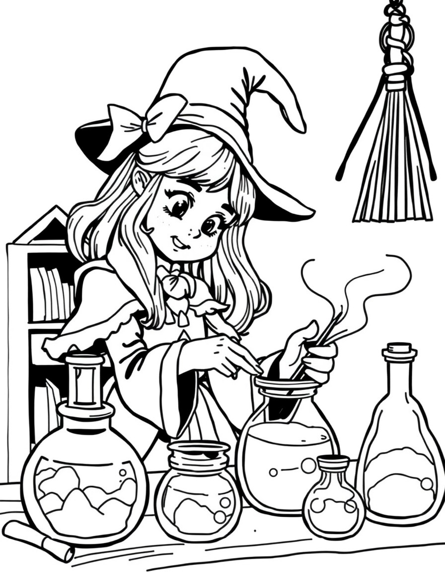 A cute witch girl learning to make potions in class.  Bold and sharp coloring page