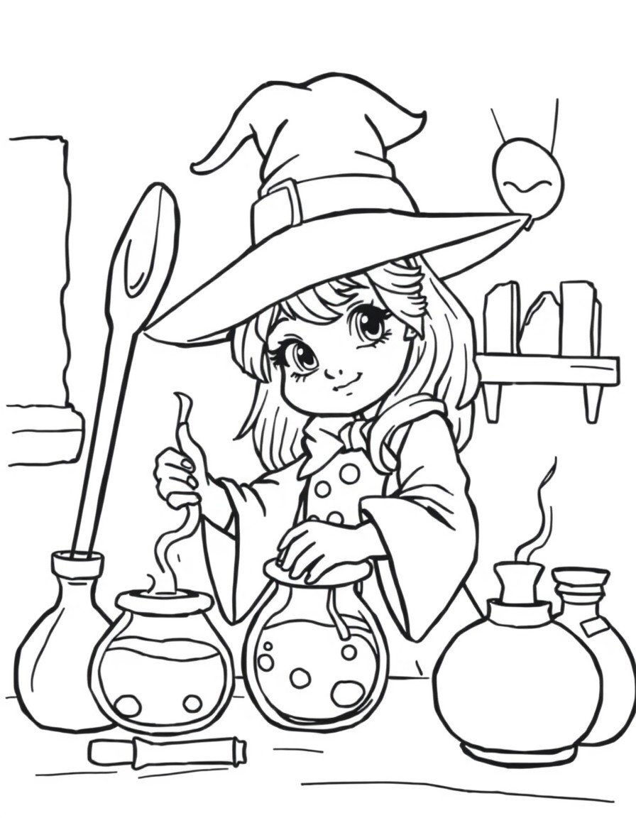 A cute witch girl learning to make potions in class.  Bold and sharp coloring page