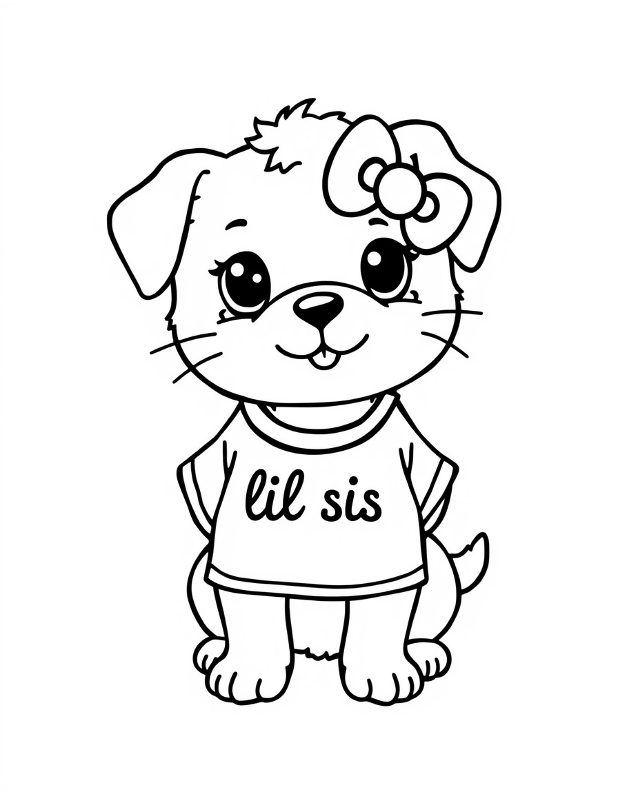 Chibi puppy in the style of hello kitty wearing a shirt that says "lil sis"