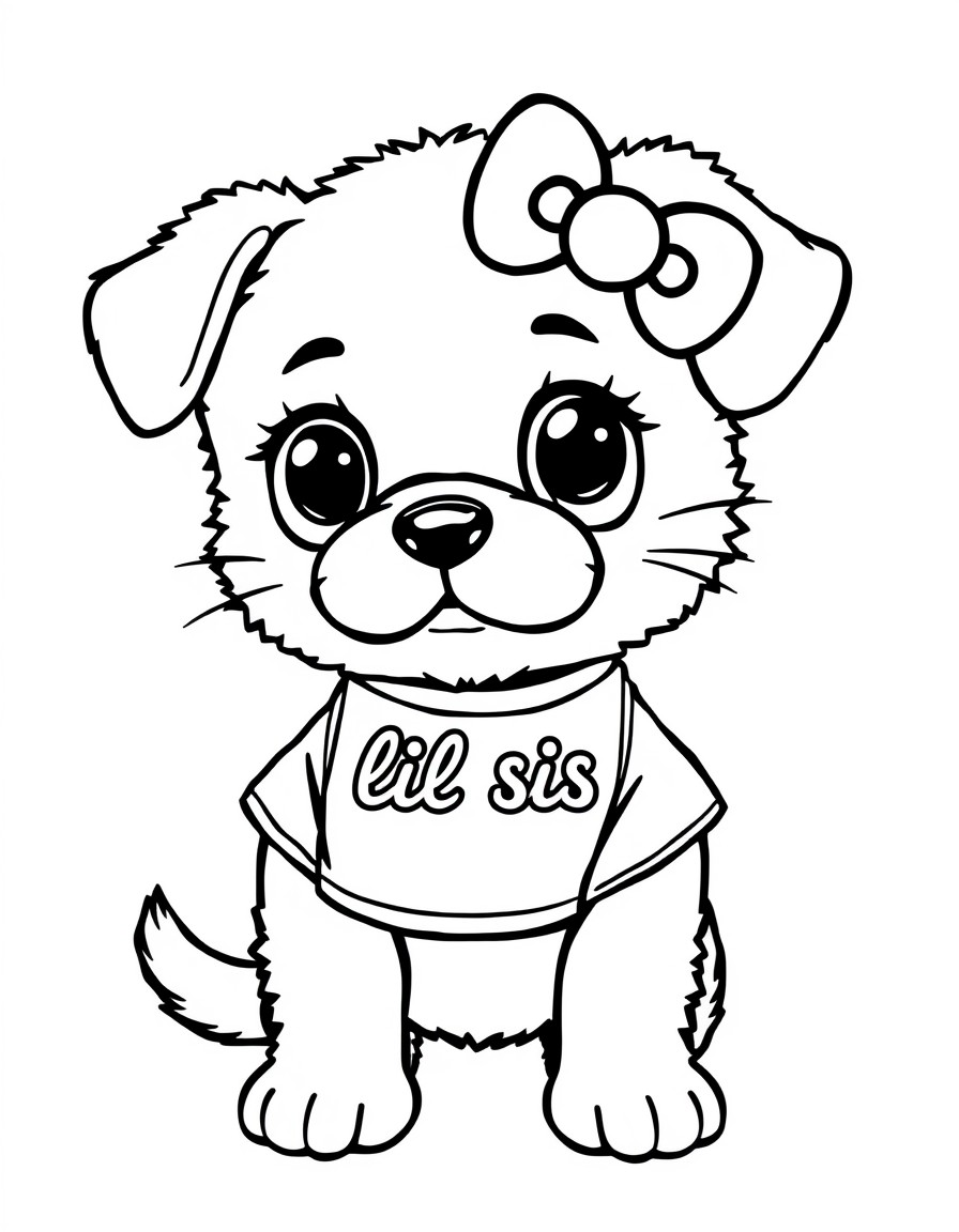 Chibi puppy in the style of hello kitty wearing a shirt that says "lil sis"