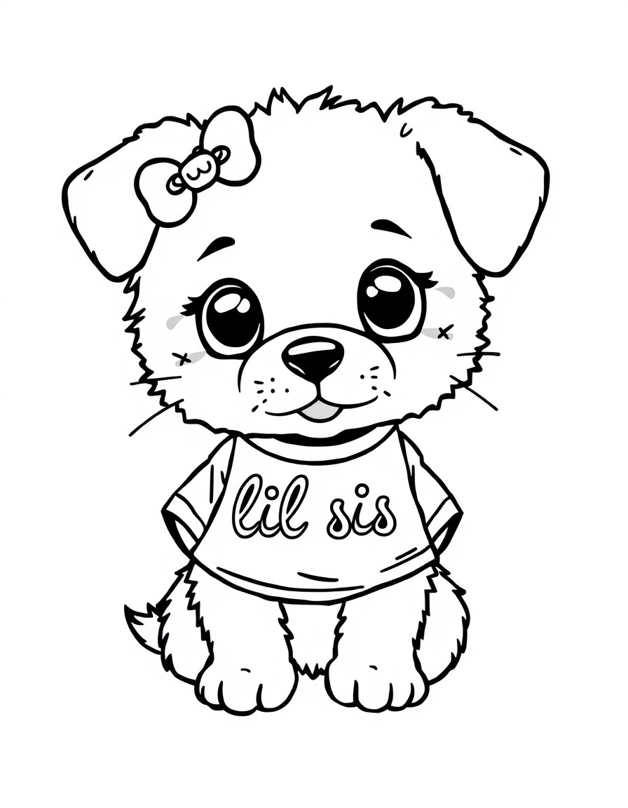 Chibi puppy in the style of hello kitty wearing a shirt that says "lil sis"