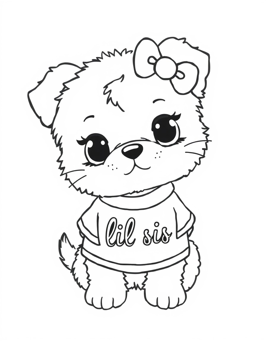 Chibi puppy in the style of hello kitty wearing a shirt that says "lil sis"