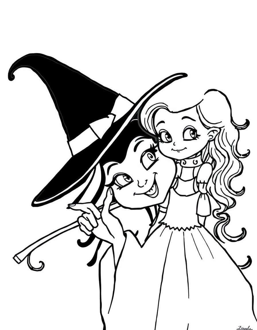 Create a simple kids coloring page of the new Wicked movie