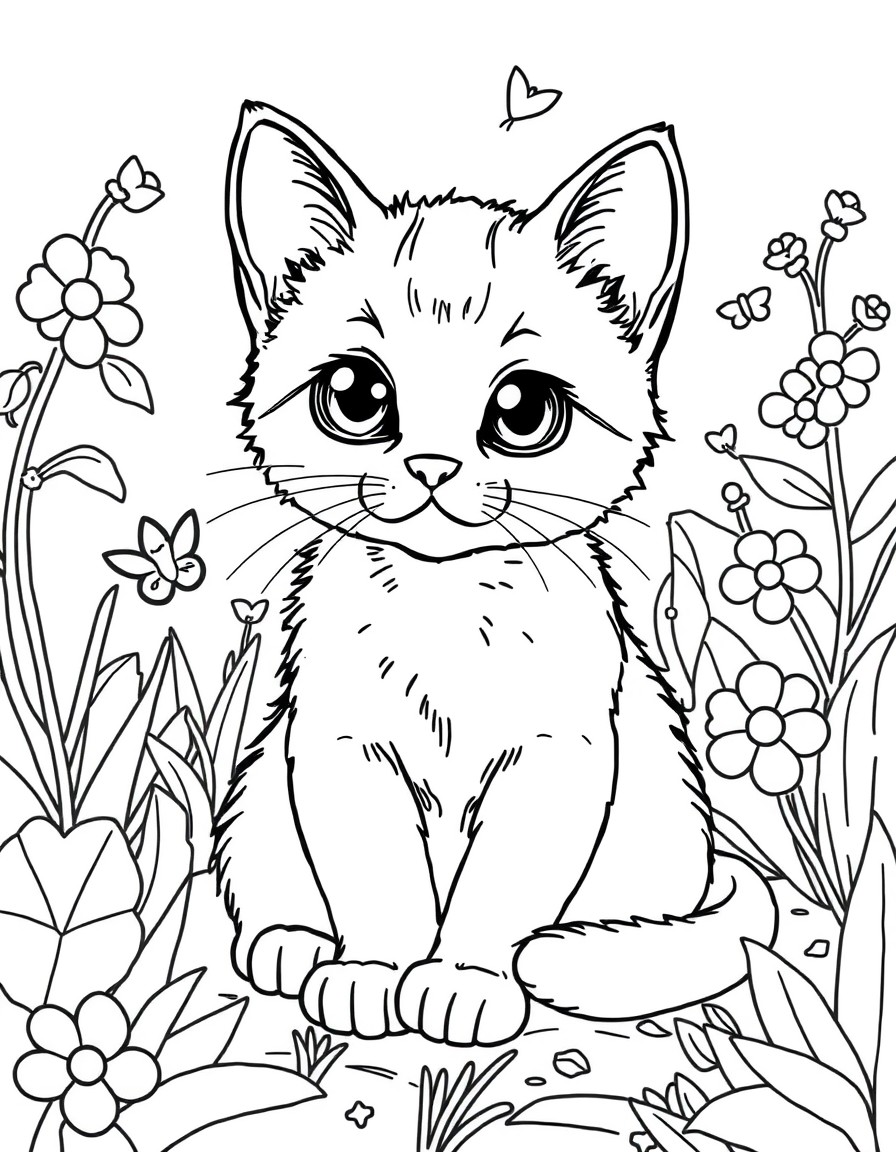 A cute kitten sitting in a garden with hidden objects like a tiny butterfly and a star.