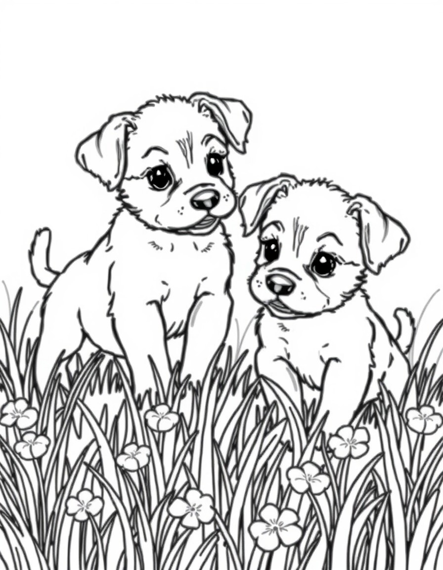 Cute puppies playing in a meadow