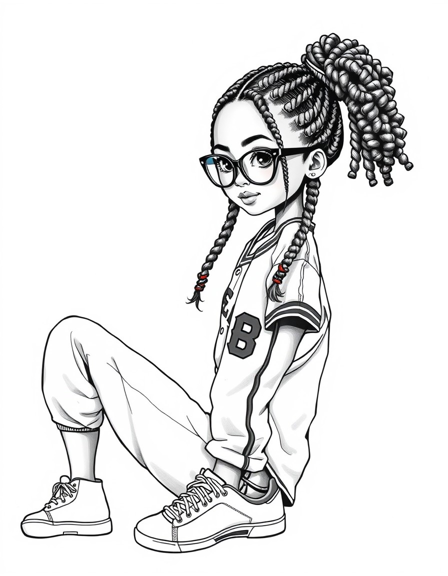 hyper realistic, airbrush illustration, African American young girl, box braids, eyeglasses, baseball jersey, joggers, sneakers.