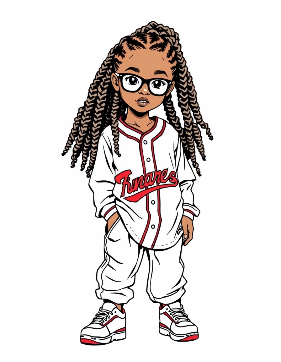 hyper realistic, airbrush illustration, African American young girl, box braids, eyeglasses, baseball jersey, joggers, sneakers.