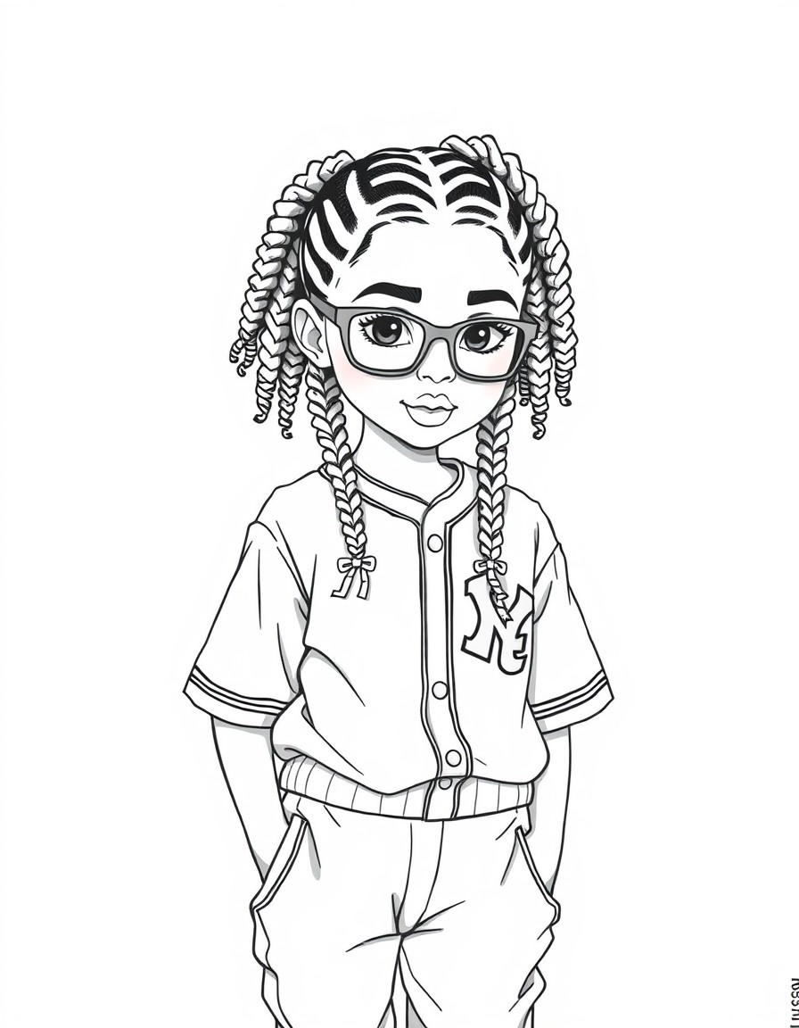 hyper realistic, airbrush illustration, African American young girl, box braids, eyeglasses, baseball jersey, joggers, sneakers.