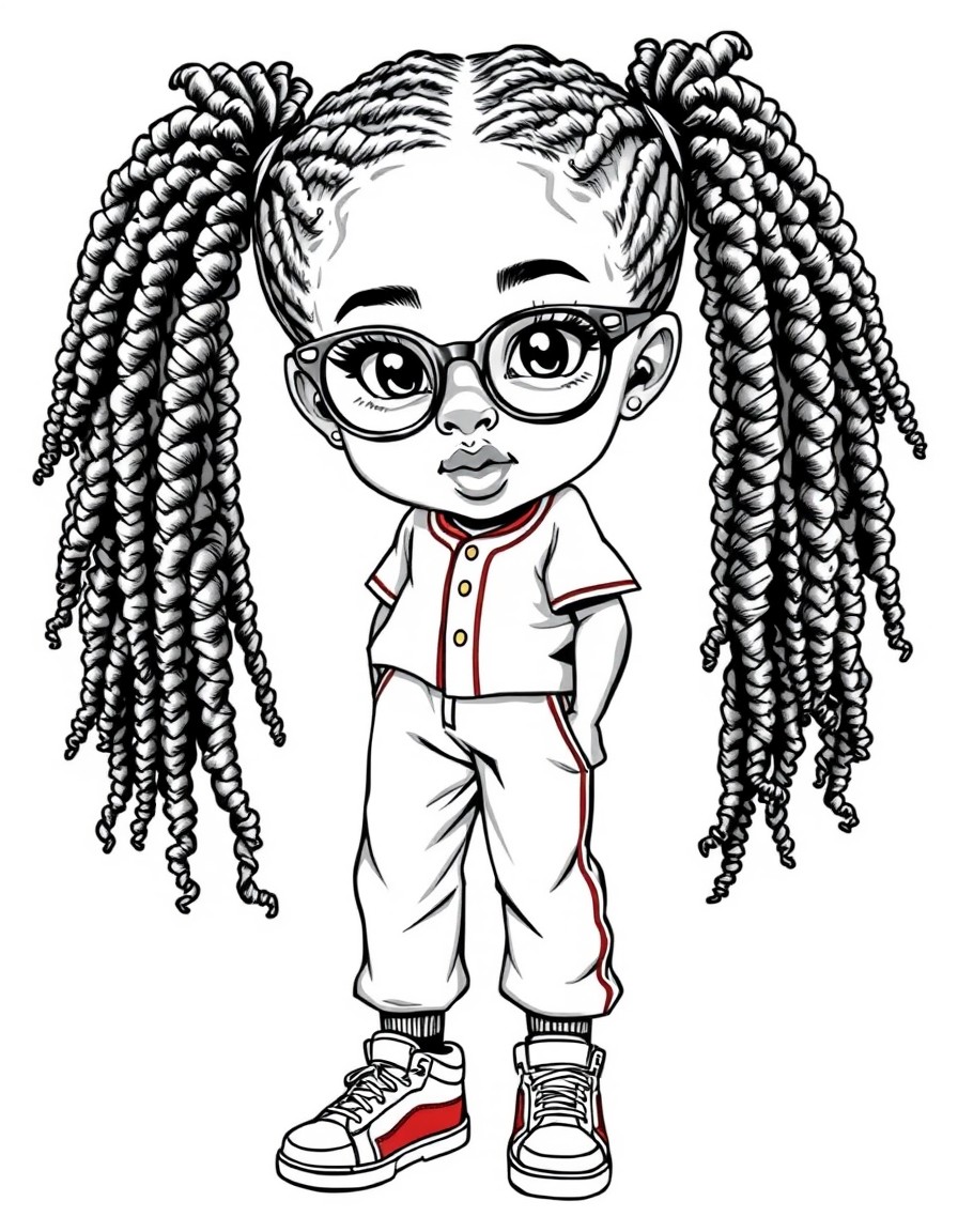 hyper realistic, airbrush illustration, African American young girl, box braids, eyeglasses, baseball jersey, joggers, sneakers.