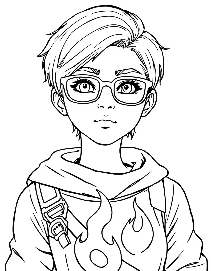 Taranee Cook Fire Guardian "Create a black-and-white, detailed line-art coloring page of a teenage girl with a sleek, short hairstyle and glasses. She wears a fantasy-inspired outfit with a flame embl