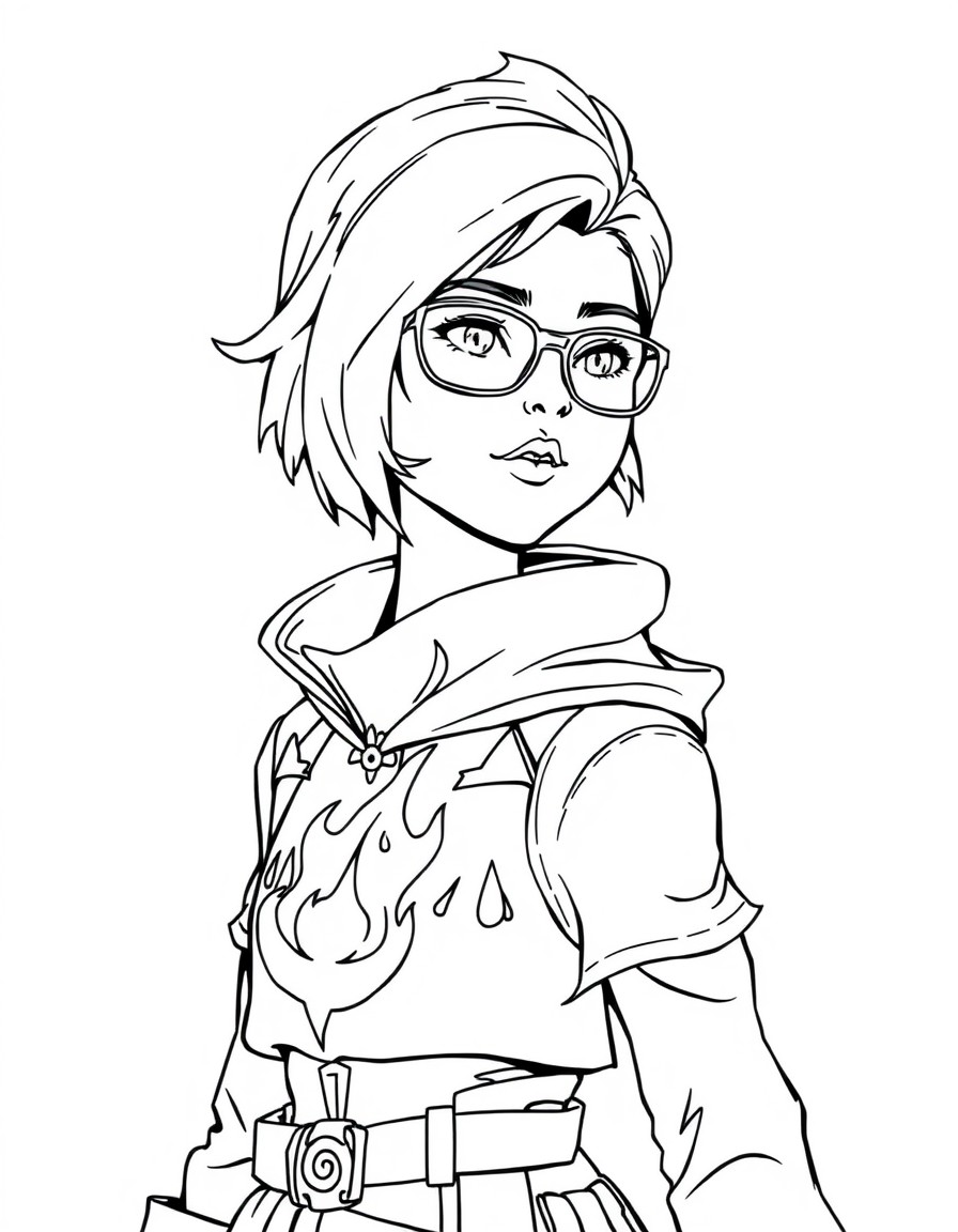 Taranee Cook Fire Guardian "Create a black-and-white, detailed line-art coloring page of a teenage girl with a sleek, short hairstyle and glasses. She wears a fantasy-inspired outfit with a flame embl
