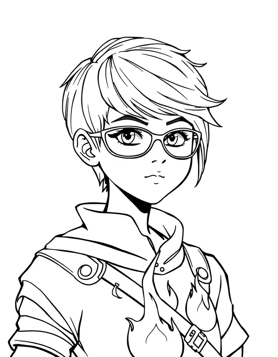 Taranee Cook Fire Guardian "Create a black-and-white, detailed line-art coloring page of a teenage girl with a sleek, short hairstyle and glasses. She wears a fantasy-inspired outfit with a flame embl
