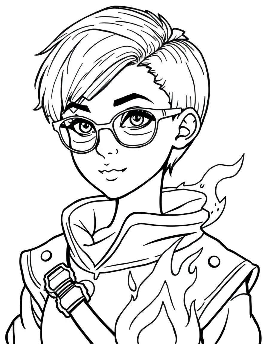 Taranee Cook Fire Guardian "Create a black-and-white, detailed line-art coloring page of a teenage girl with a sleek, short hairstyle and glasses. She wears a fantasy-inspired outfit with a flame embl