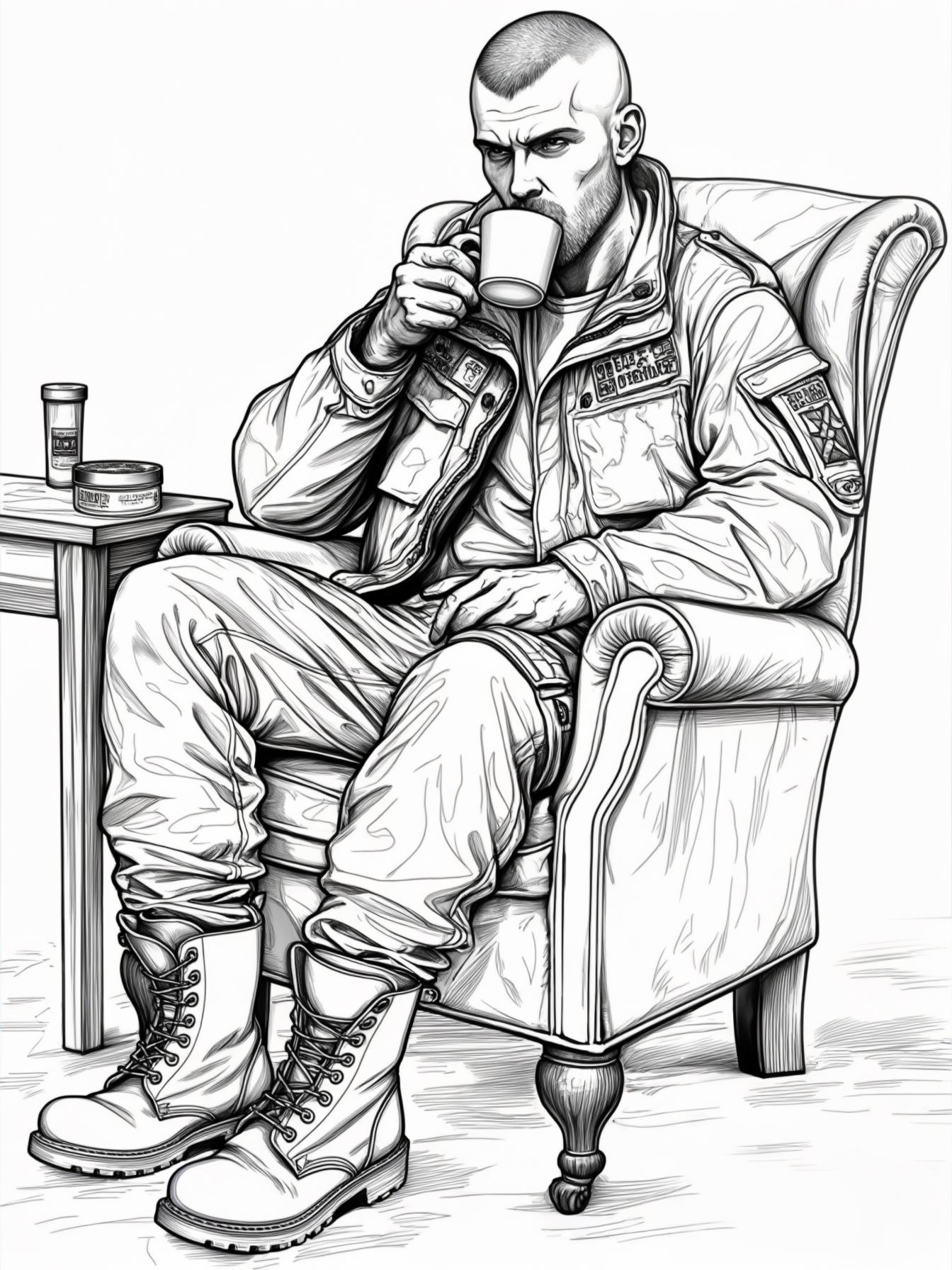 Een man met een militaire brushcut en basically geen hoofdhair zit in een fauteuil en drinkt koffie. Zijn militair kisten schoenen staan naast hem op de bijzettafel met de schoenensmeerkit. Zelf draag