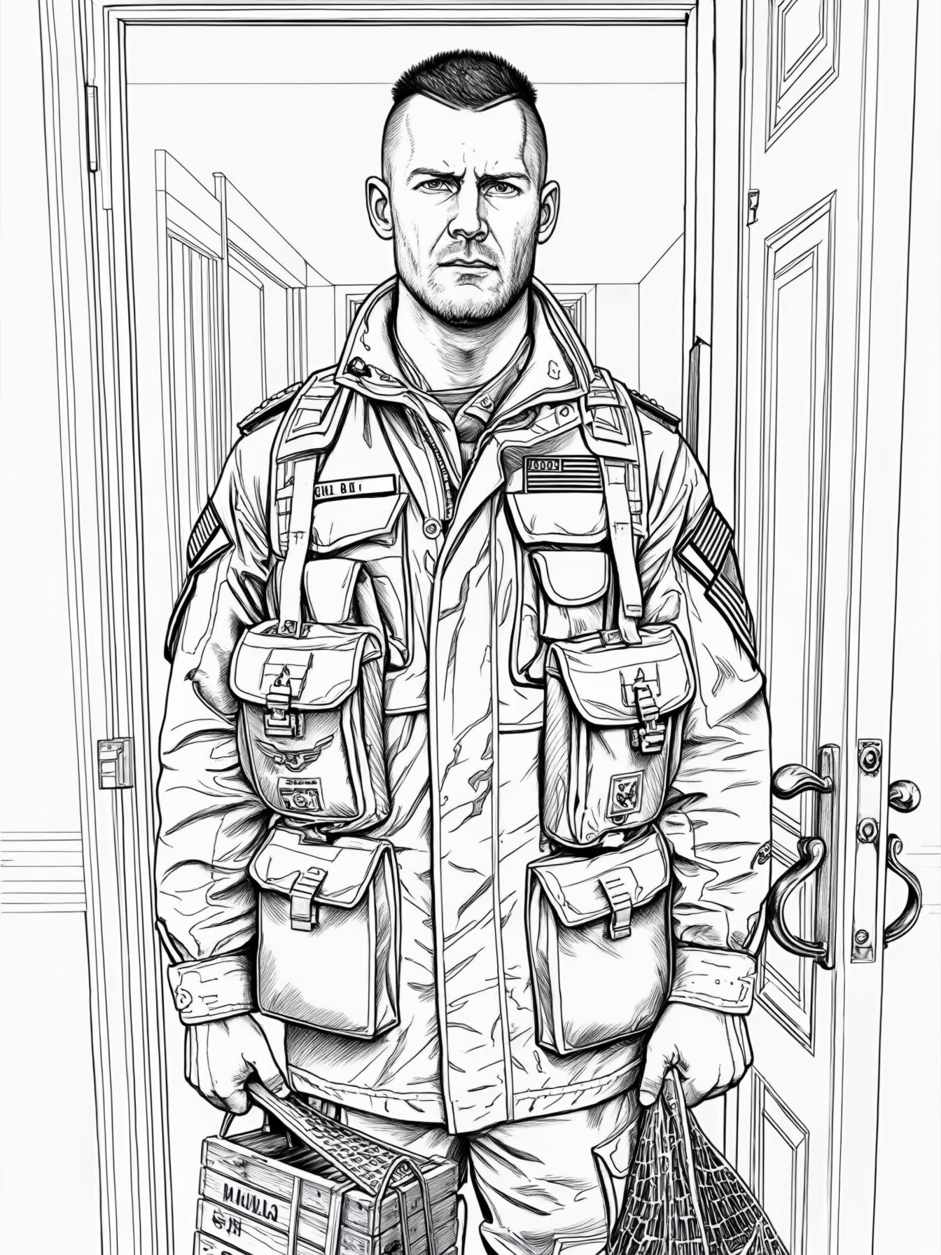 Een man met een militaire brushcut en basically geen hoofdhaar staat in de deuropening van de voordeur die opent naar de hal. Hij draagt militaire kisten en een open, militaire jas