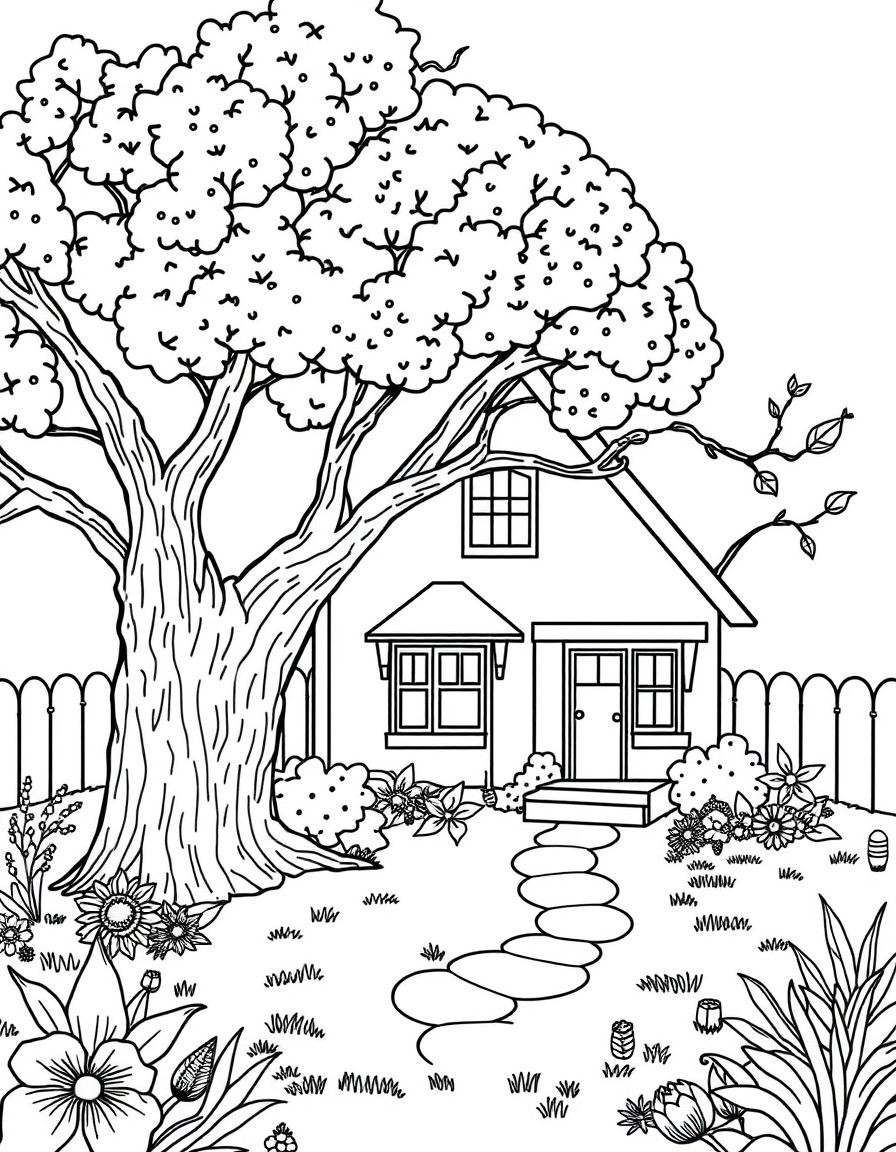 Create and house and tree in the backyard