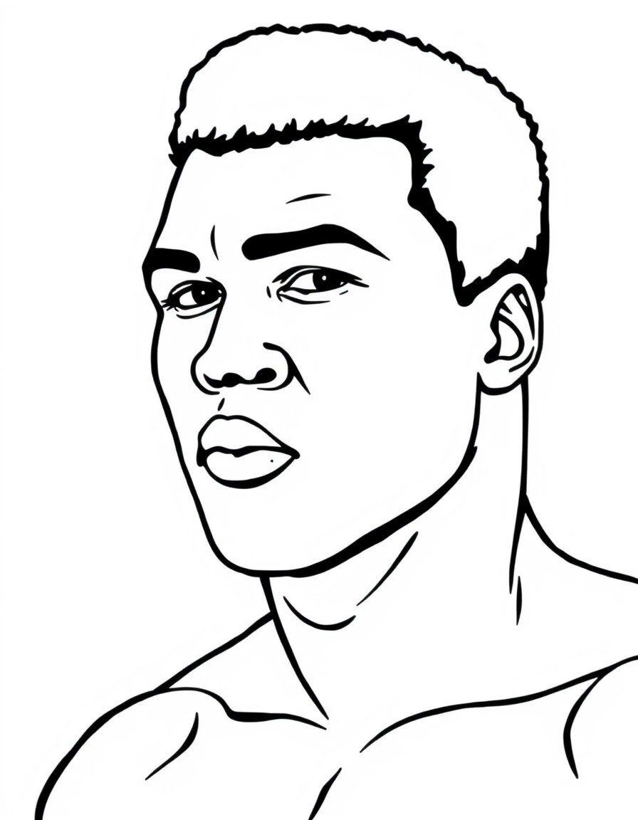 create a coloring page with the following black history figures Muhammad Ali Born Cassius Clay, Ali was a world-renowned boxer and civil rights activist, known for his outspoken stance on racial justi