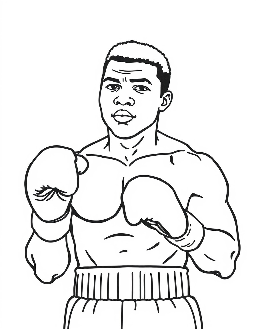 create a coloring page with the following black history figures Muhammad Ali Born Cassius Clay, Ali was a world-renowned boxer and civil rights activist, known for his outspoken stance on racial justi