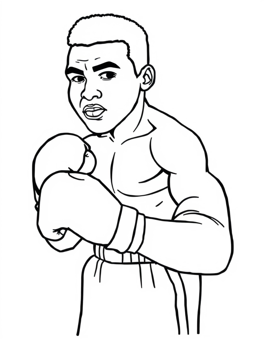 create a coloring page with the following black history figures Muhammad Ali Born Cassius Clay, Ali was a world-renowned boxer and civil rights activist, known for his outspoken stance on racial justi