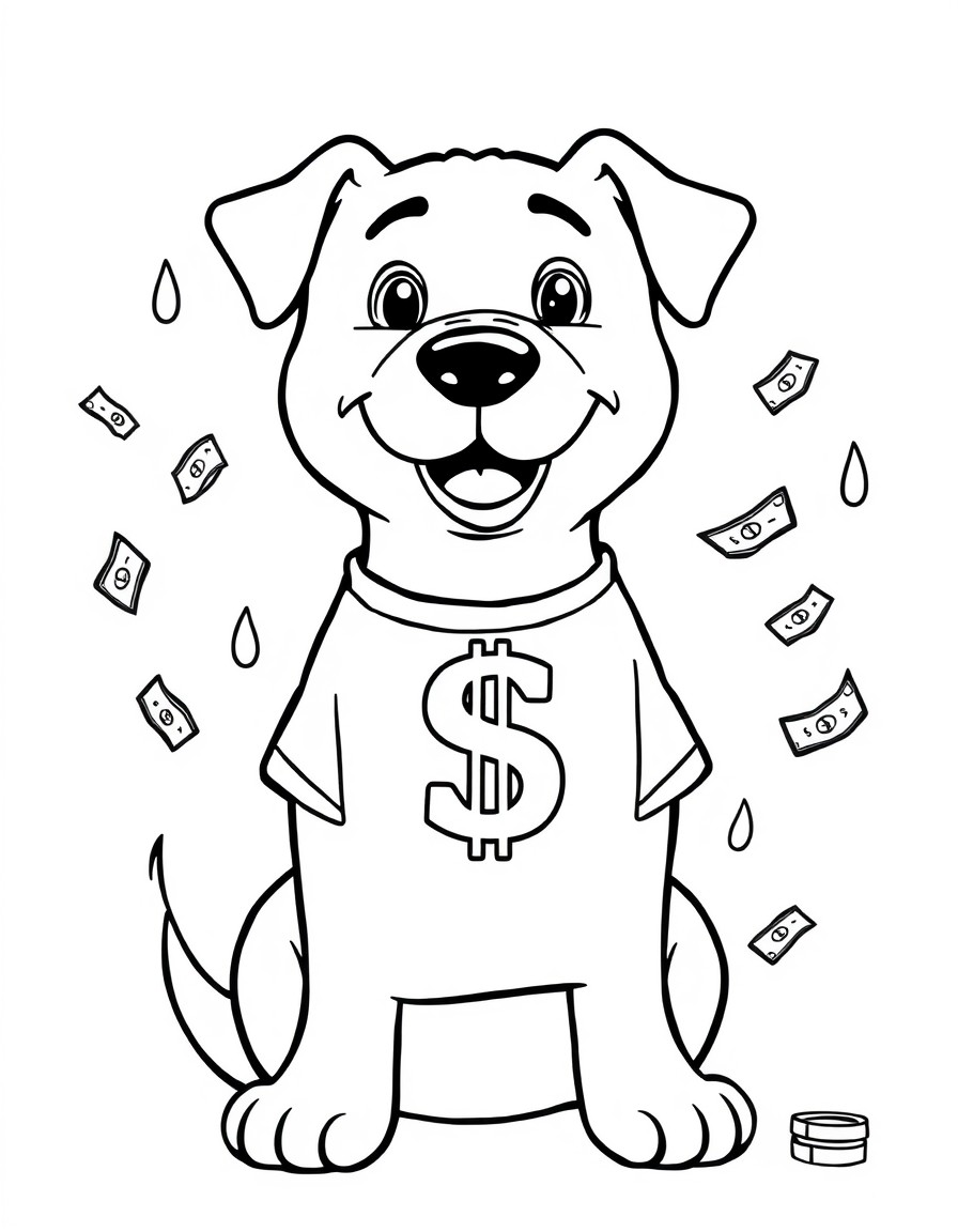 create a dog who has lots of money and make dollar sign on t shirt and money is raining