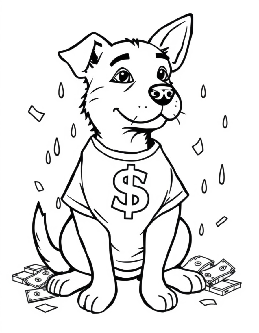 create a dog who has lots of money and make dollar sign on t shirt and money is raining